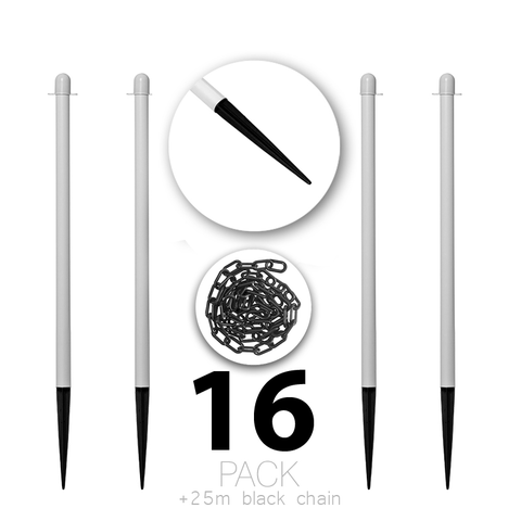 (16 Pack) Flexibarrier Post & Chain Barrier with Ground Spikes + 25 m Chain – 107 cm