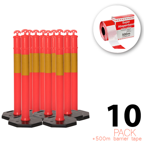 (10 Pack) Flexibarrier T-Top Bollard with Base + 500 m Barrier Tape – 115 cm