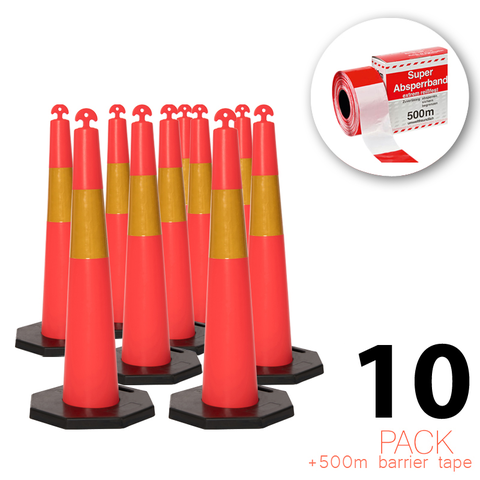 (10 Pack) Flexibarrier T-Top Traffic Cone with 8 kg Base + 500 m Barrier Tape – 115 cm