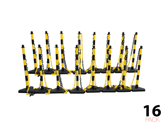 Post & Chain Barrier Kit - Economy -, 16 Posts incl. 25m Plastic Chain (Black/Yellow)