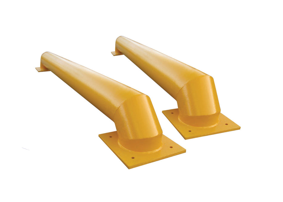 Low-profile galvanised steel loading bay wheel guides in RAL1028 yellow