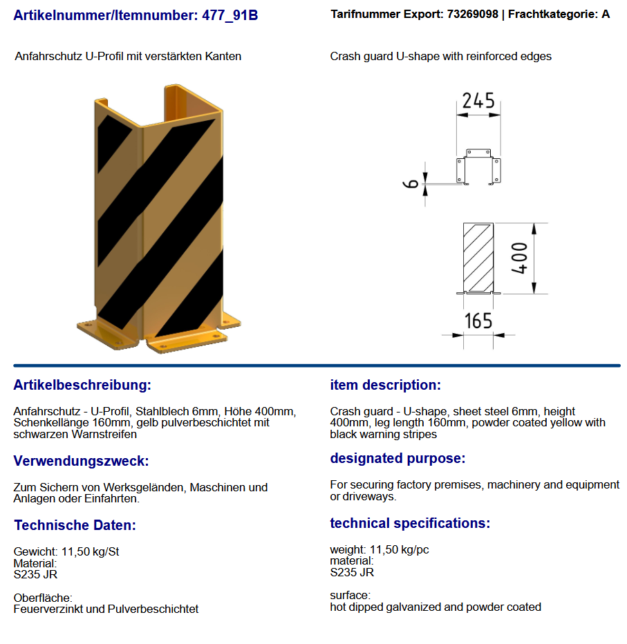 Pallet Racking Protector - Crash Guard - U-Shape with Reinforced Edges